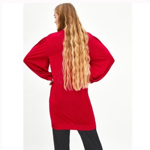 ZARA Red Pleated Tunic Dress Long Bishop Sleeves Shift - Picture 3 of 11